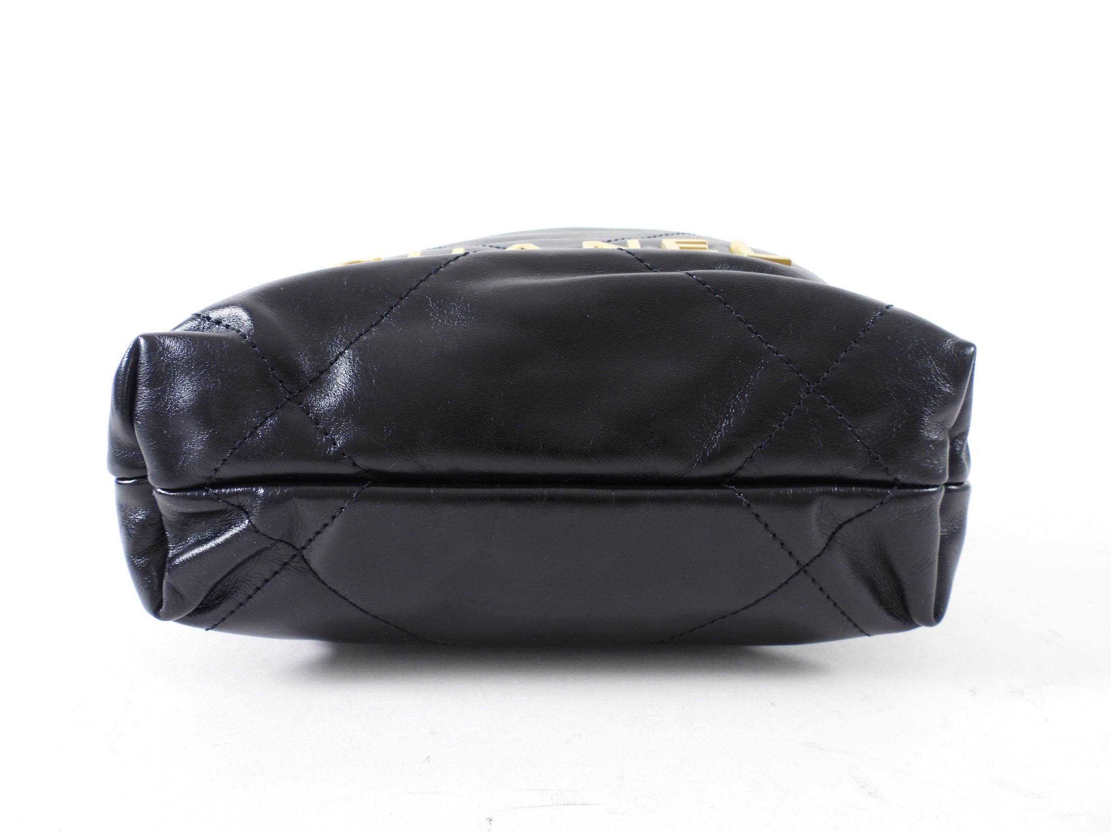 Chanel Black Leather Chain 22 Mini Bag with Goldtone Spellout Logo