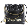 Chanel 2023 Black Leather Chain 22 Mini Bag with Ivory Enamel Logo