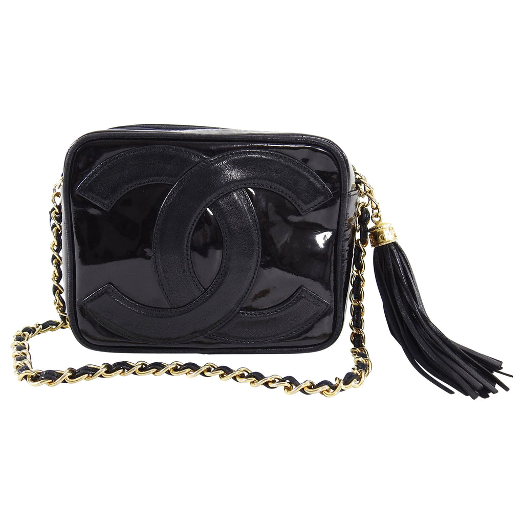 Chanel Vintage 1986 Mini Black Patent CC Logo Camera Bag