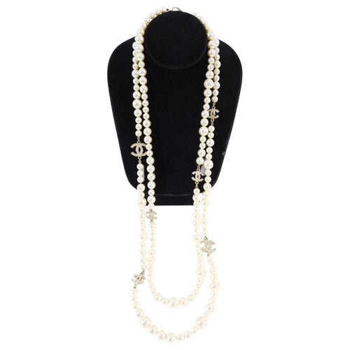 Chanel 12P Pearl Double Strand Necklace with Crystal CC Stations
