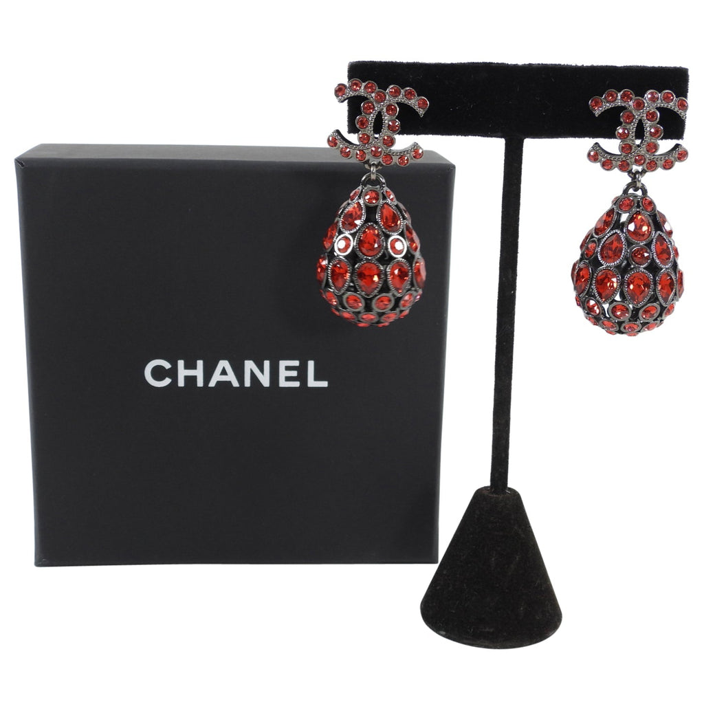 Chanel 20S Red Strass Tear Drop CC Earrings