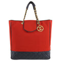 Chanel Vintage 1989 Red Canvas and Navy Leather Large Tote Bag