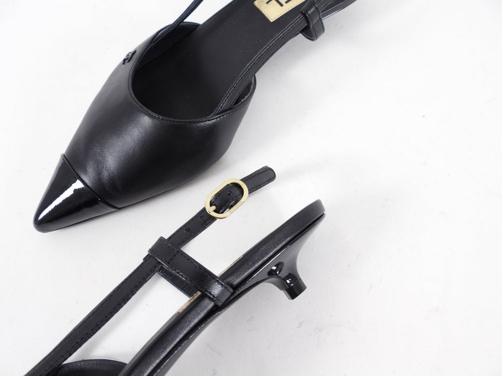 Chanel 22K Black Leather Cap Toe Slingback Kitten Heels - 36.5C
