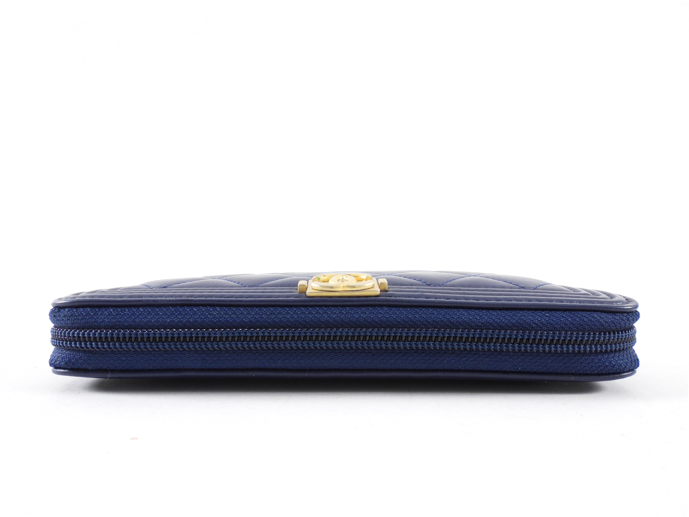Chanel Dark Blue Lambskin Quilted Boy Zip Around Continental Wallet