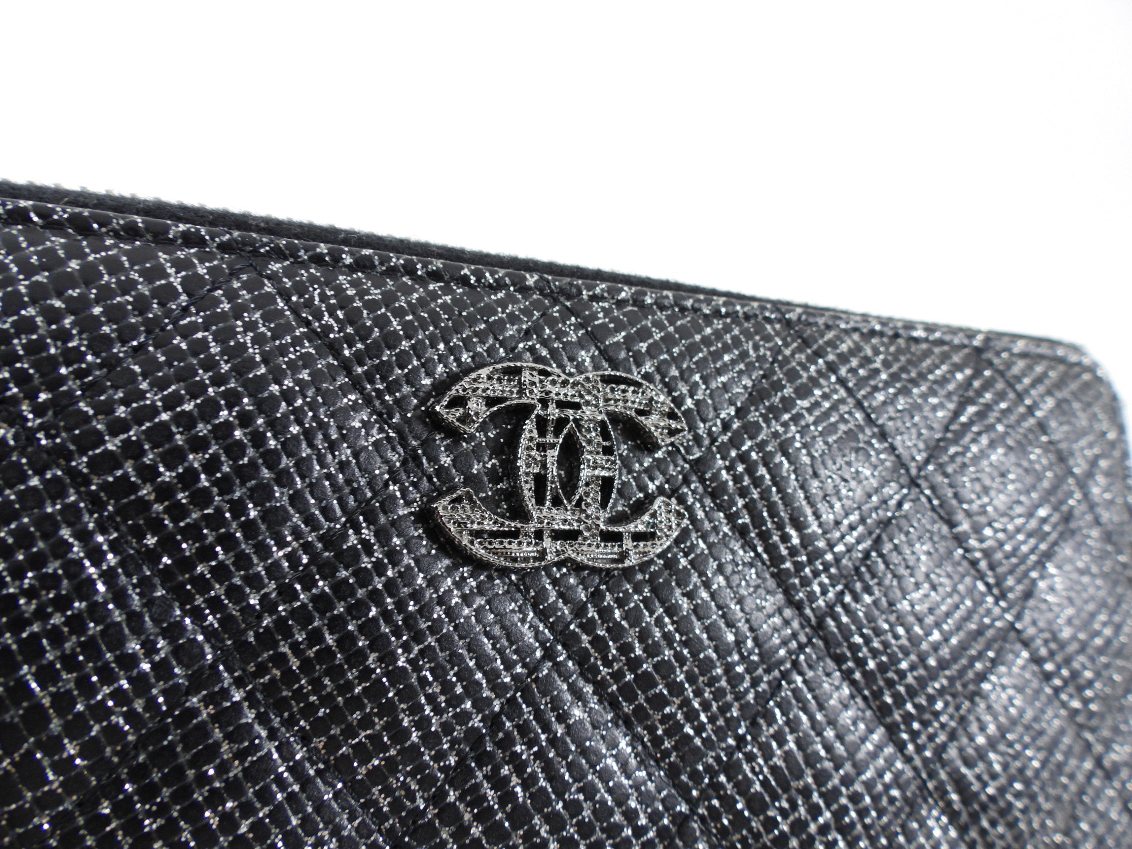 Chanel Black and Silver Leather Quilted CC Zip Continental Wallet