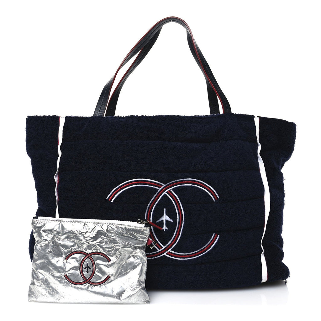 Nylon Terry Cloth Reversible Chanel Airlines Tote Silver Navy