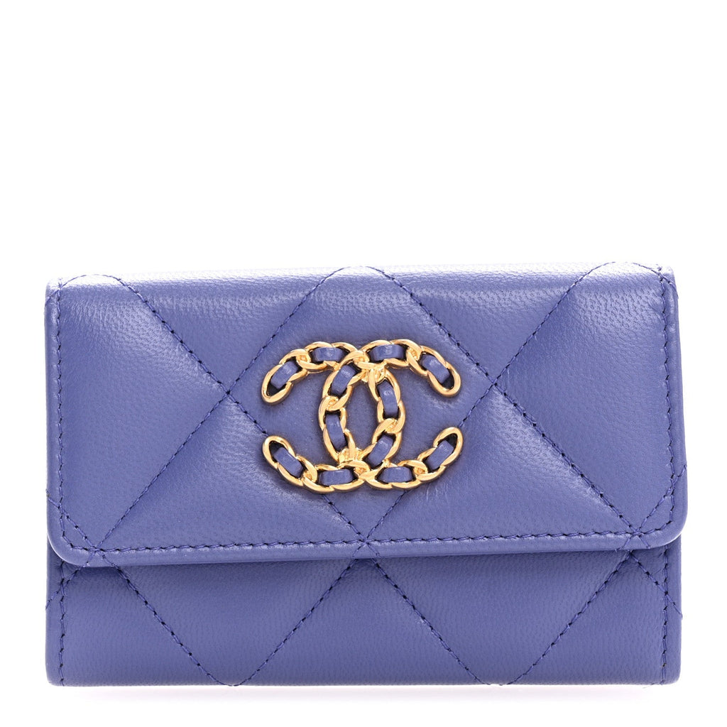 Goatskin Quilted Chanel 19 Small Flap Wallet Purple