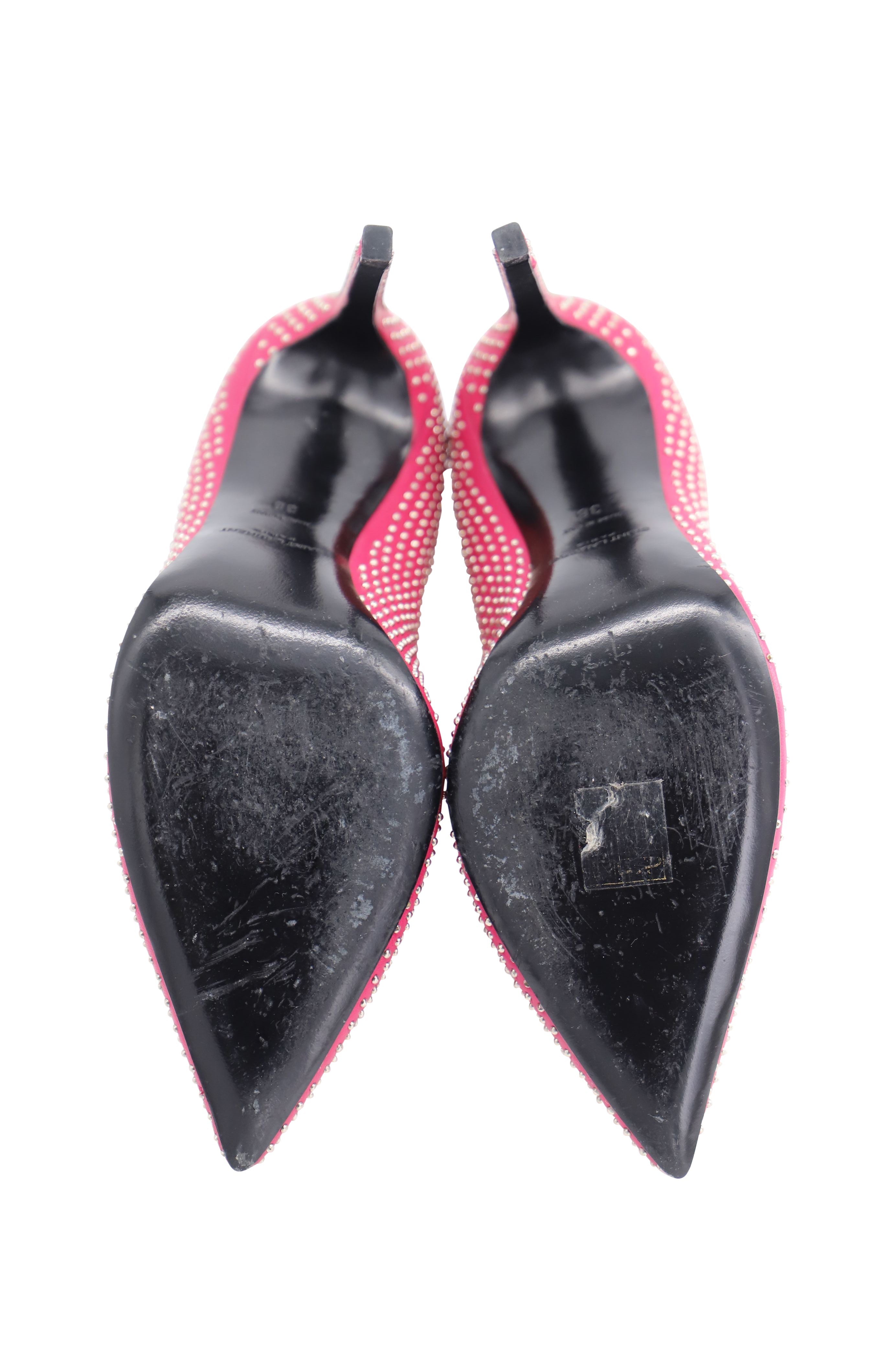 Saint Laurent Studded Pointed Toe Pumps in Pink Leather