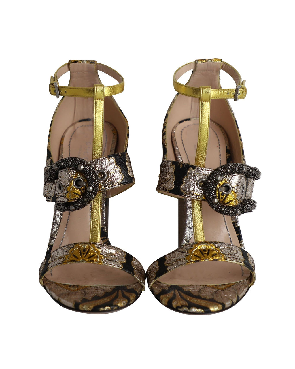 Women's Gucci Dionysus Buckle Metallic Floral Brocade Sandals in Multicolor Silk