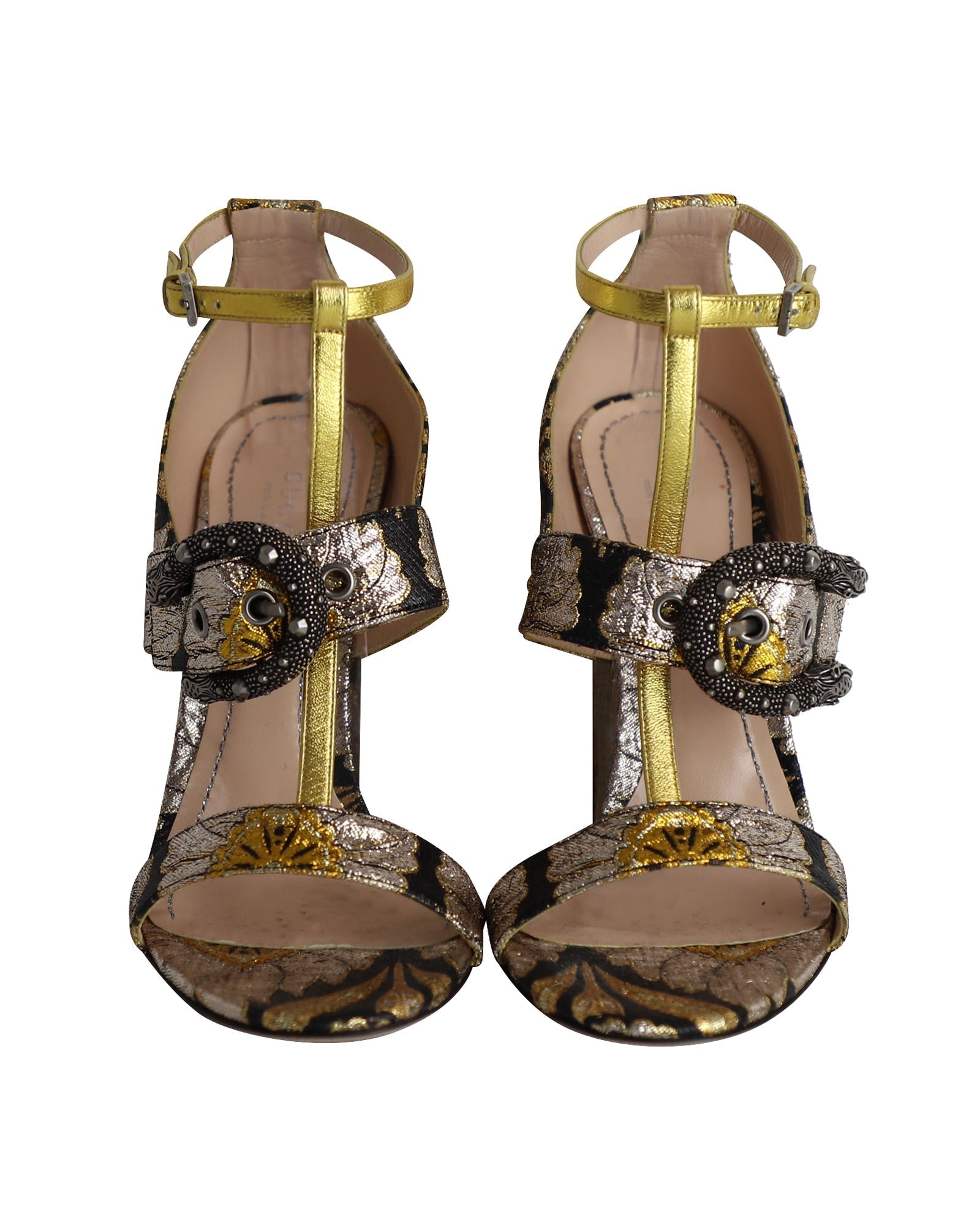 Women's Gucci Dionysus Buckle Metallic Floral Brocade Sandals in Multicolor Silk
