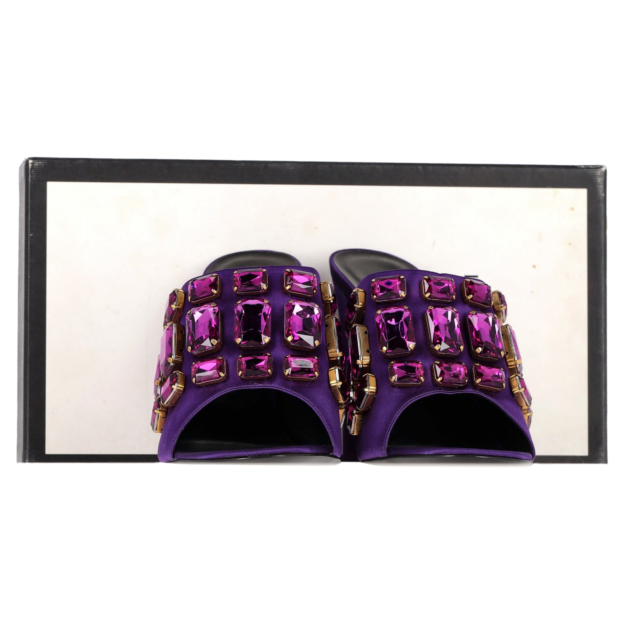 Women's Gucci Tessa Crystal Embellished Peep Toe Mules in Purple Satin