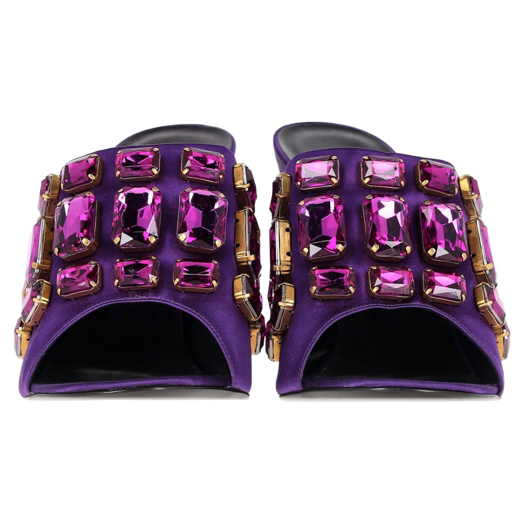 Women's Gucci Tessa Crystal Embellished Peep Toe Mules in Purple Satin