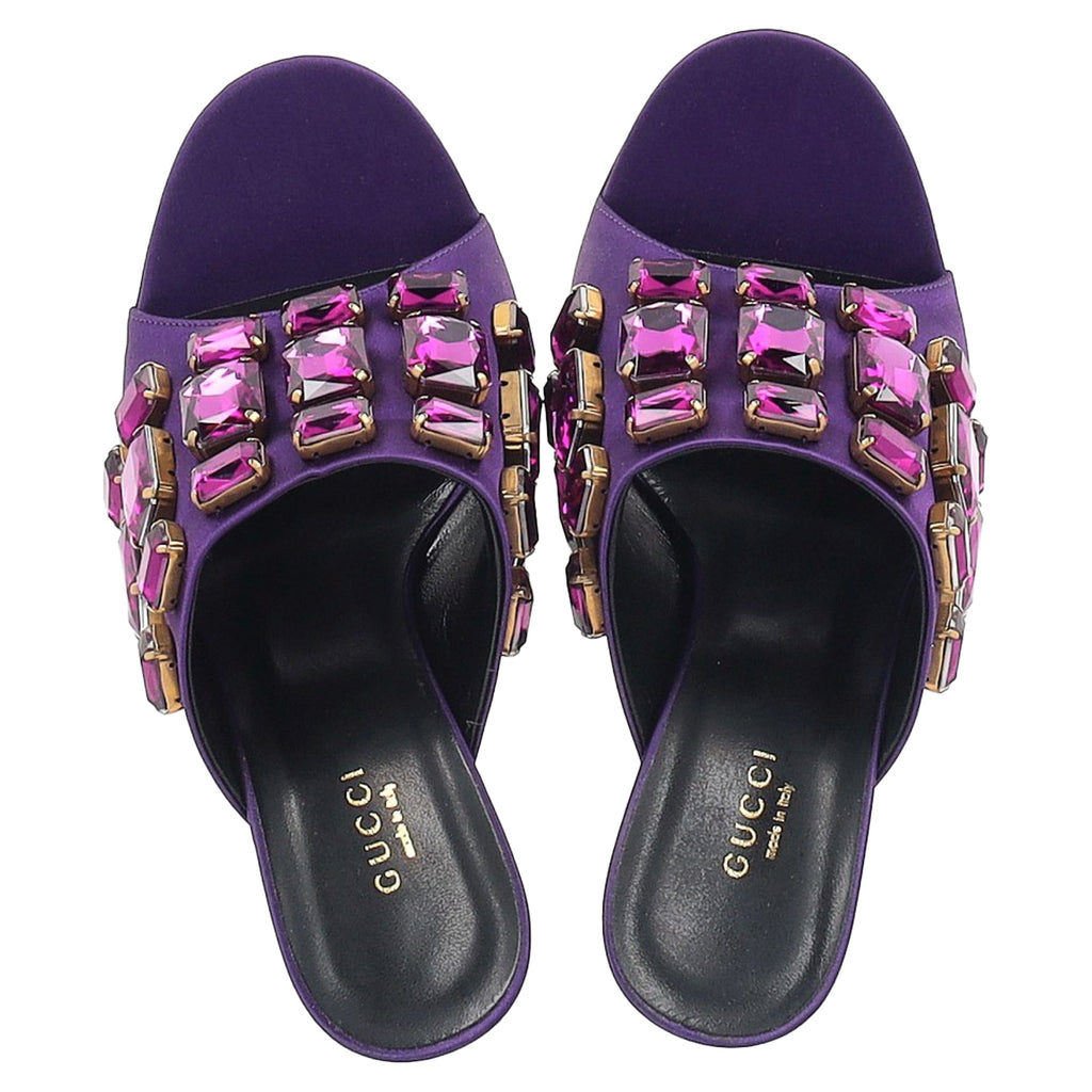 Women's Gucci Tessa Crystal Embellished Peep Toe Mules in Purple Satin