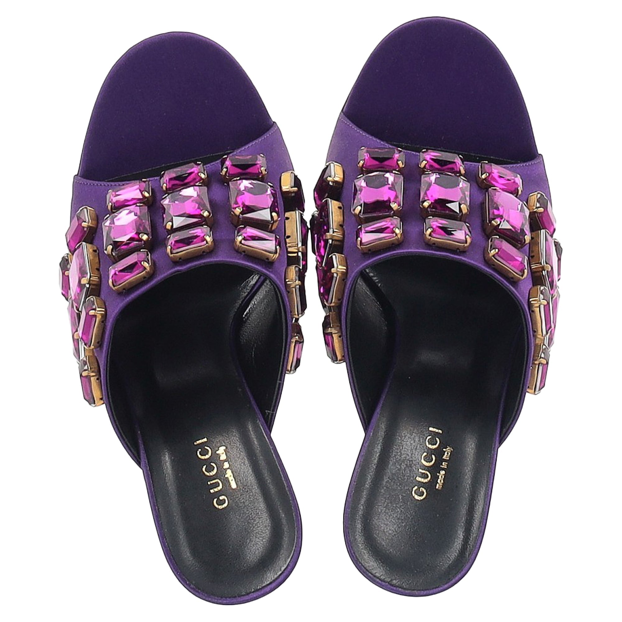 Women's Gucci Tessa Crystal Embellished Peep Toe Mules in Purple Satin