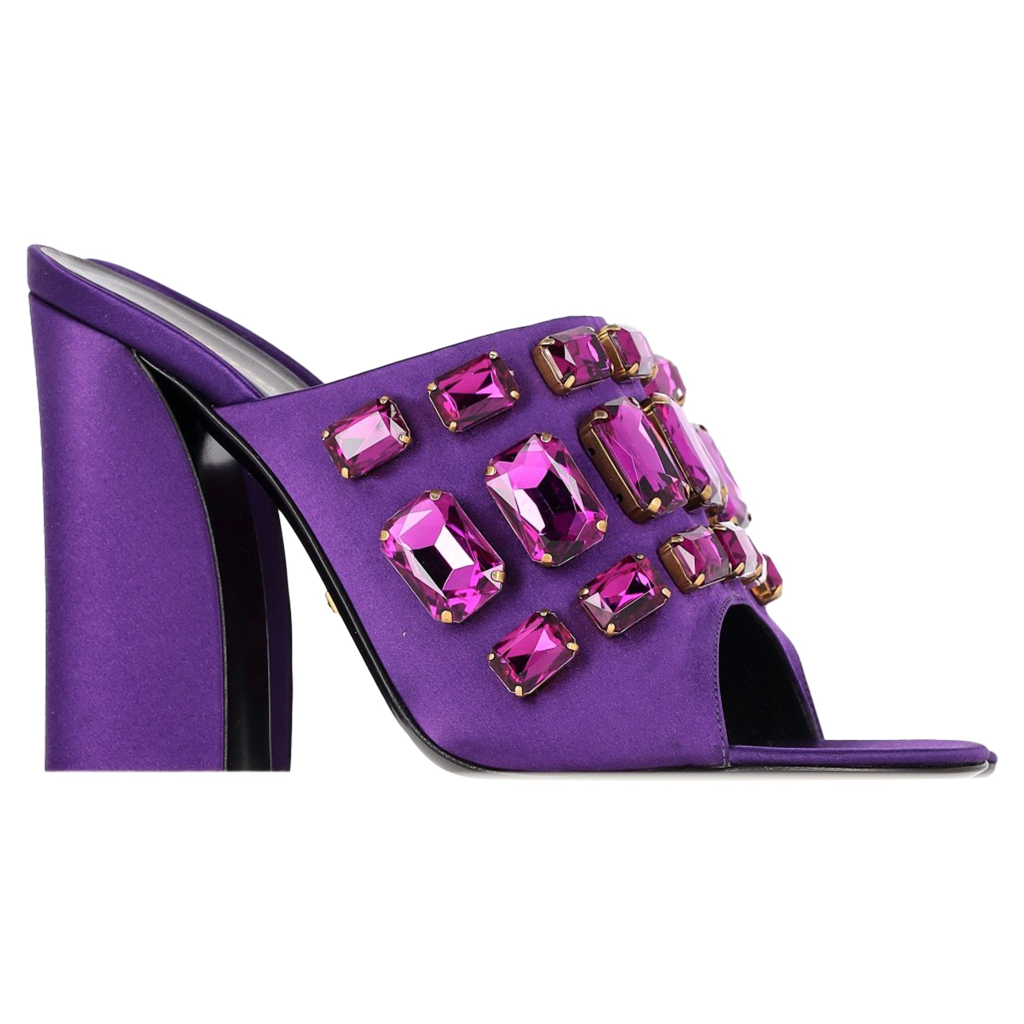Women's Gucci Tessa Crystal Embellished Peep Toe Mules in Purple Satin