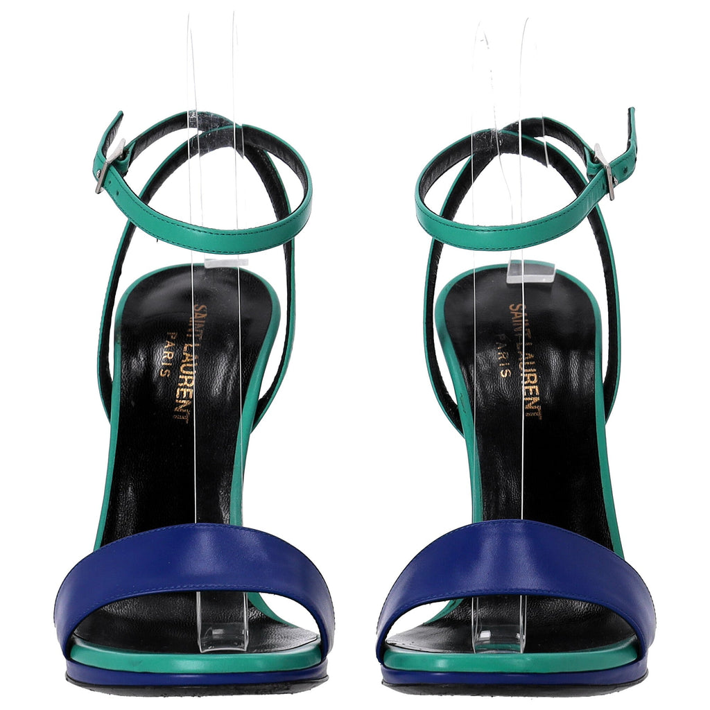 Saint Laurent Jane Ankle Strap Heeled Sandals in Green and Blue Leather
