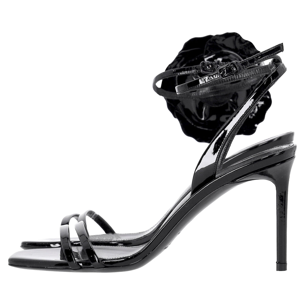 Saint Laurent Amber Flower-corsage Sandals In Black Patent Leather