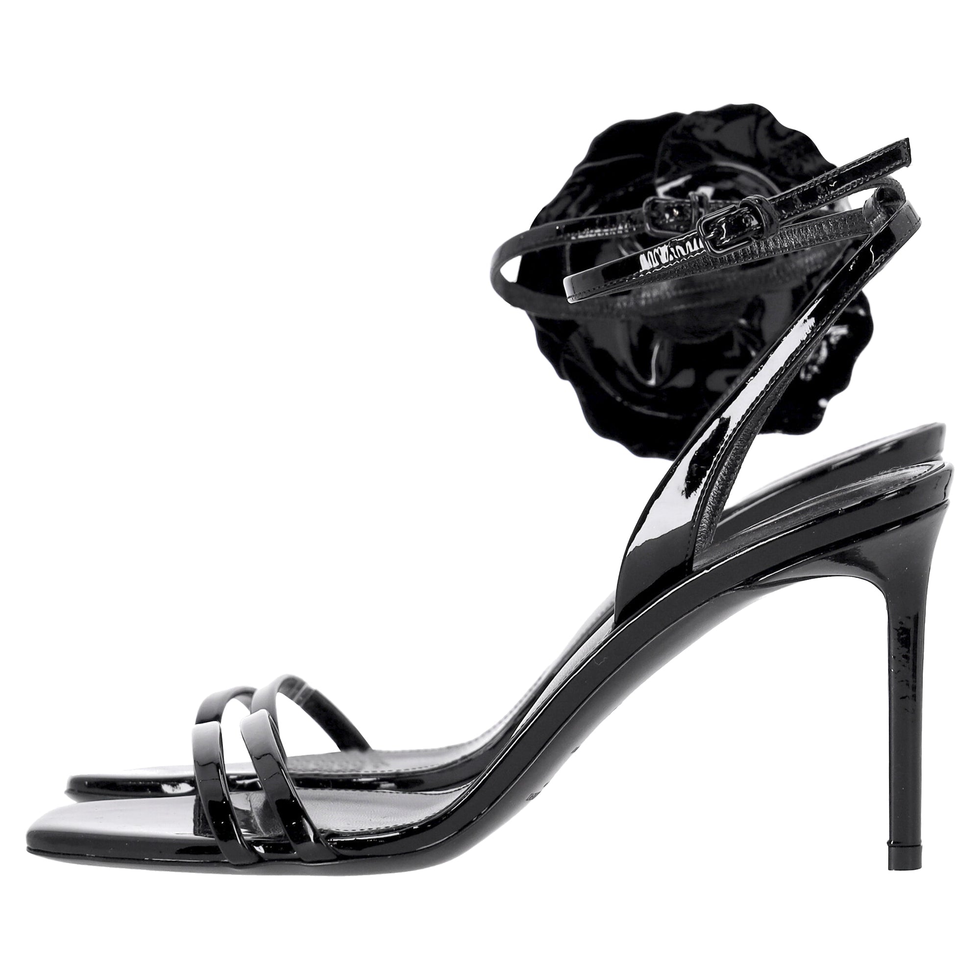 Saint Laurent Amber Flower-corsage Sandals In Black Patent Leather