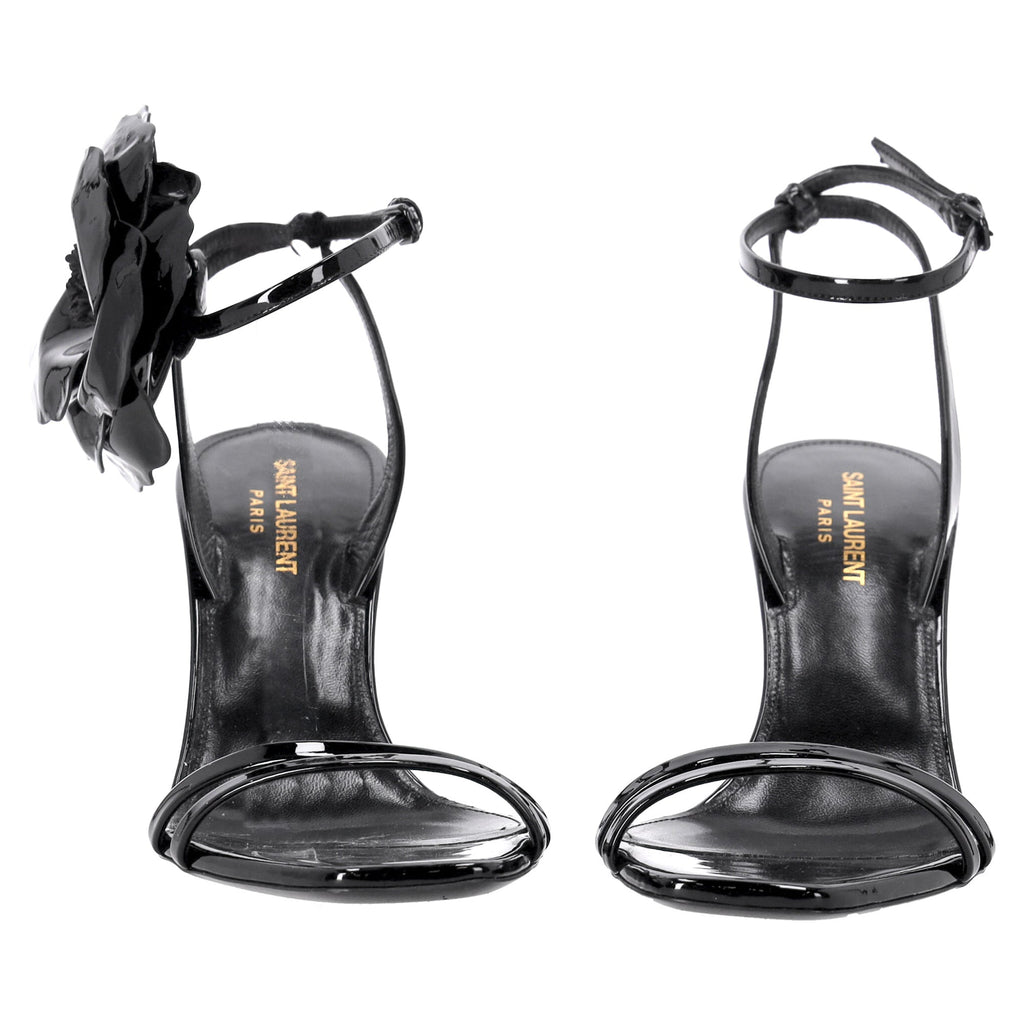 Saint Laurent Amber Flower-corsage Sandals In Black Patent Leather