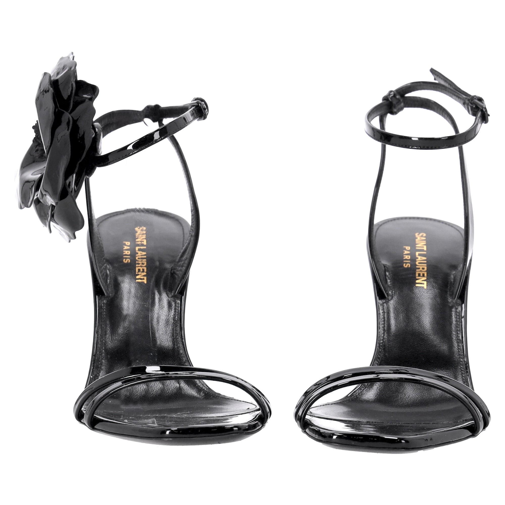 Saint Laurent Amber Flower-corsage Sandals In Black Patent Leather