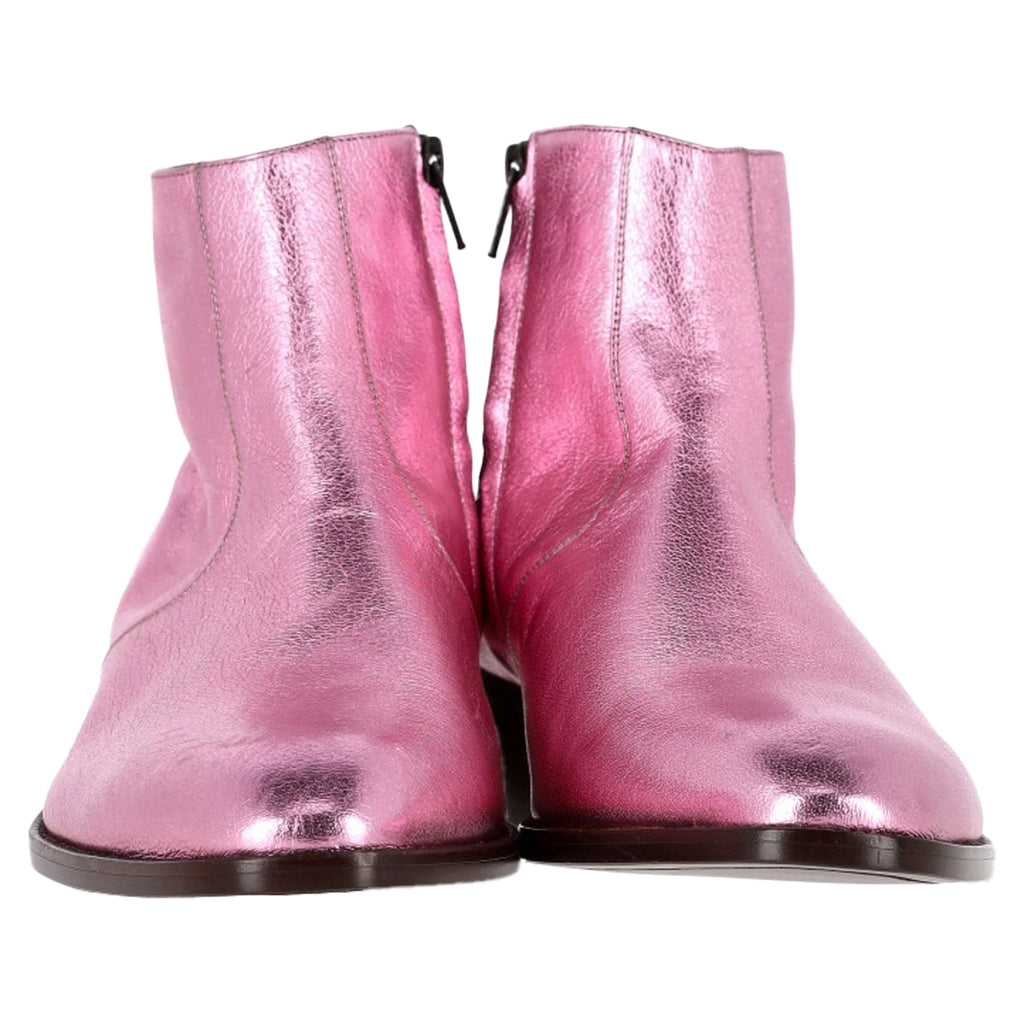Saint Laurent Metallic Almond Toe Ankle Boots in Pink Leather