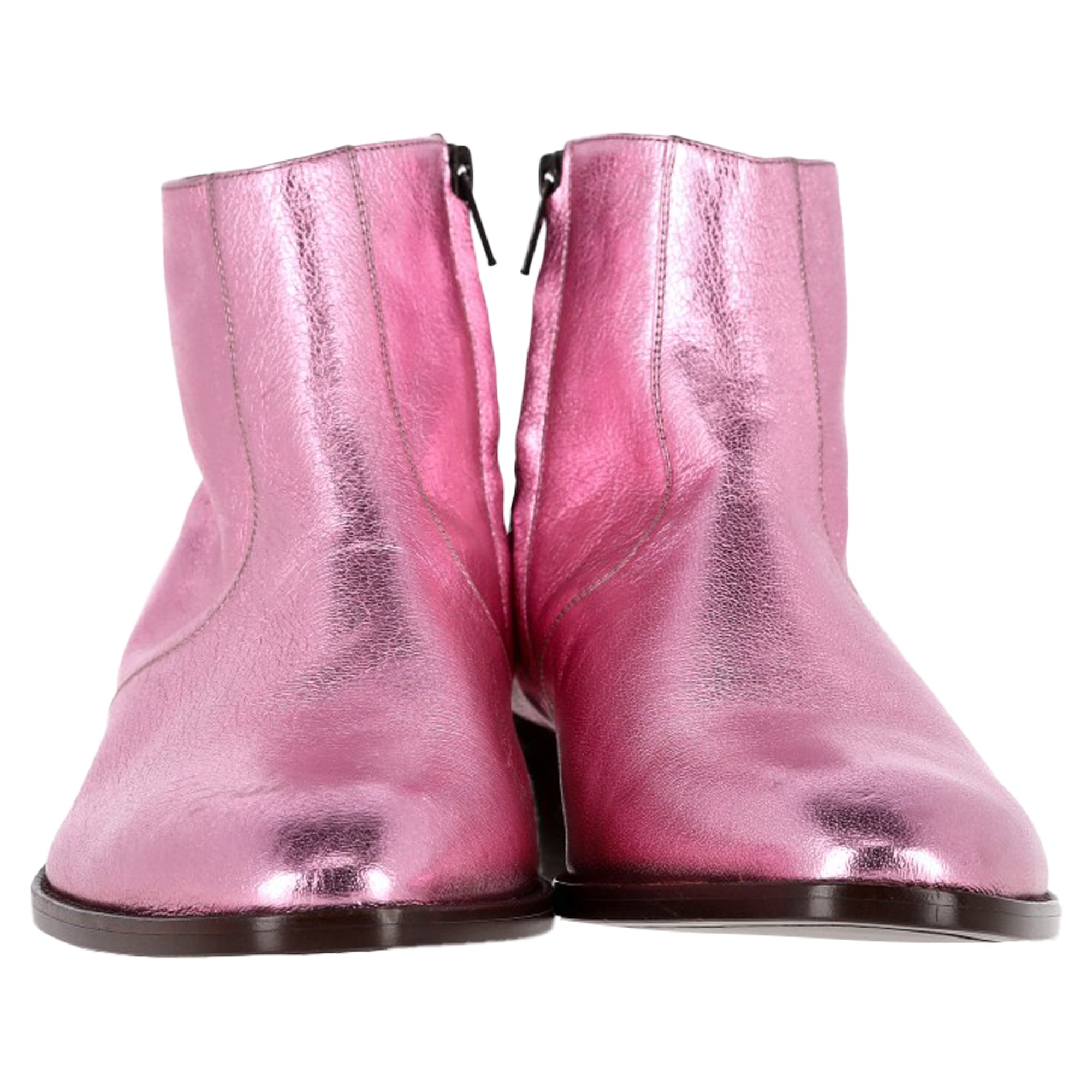 Saint Laurent Metallic Almond Toe Ankle Boots in Pink Leather