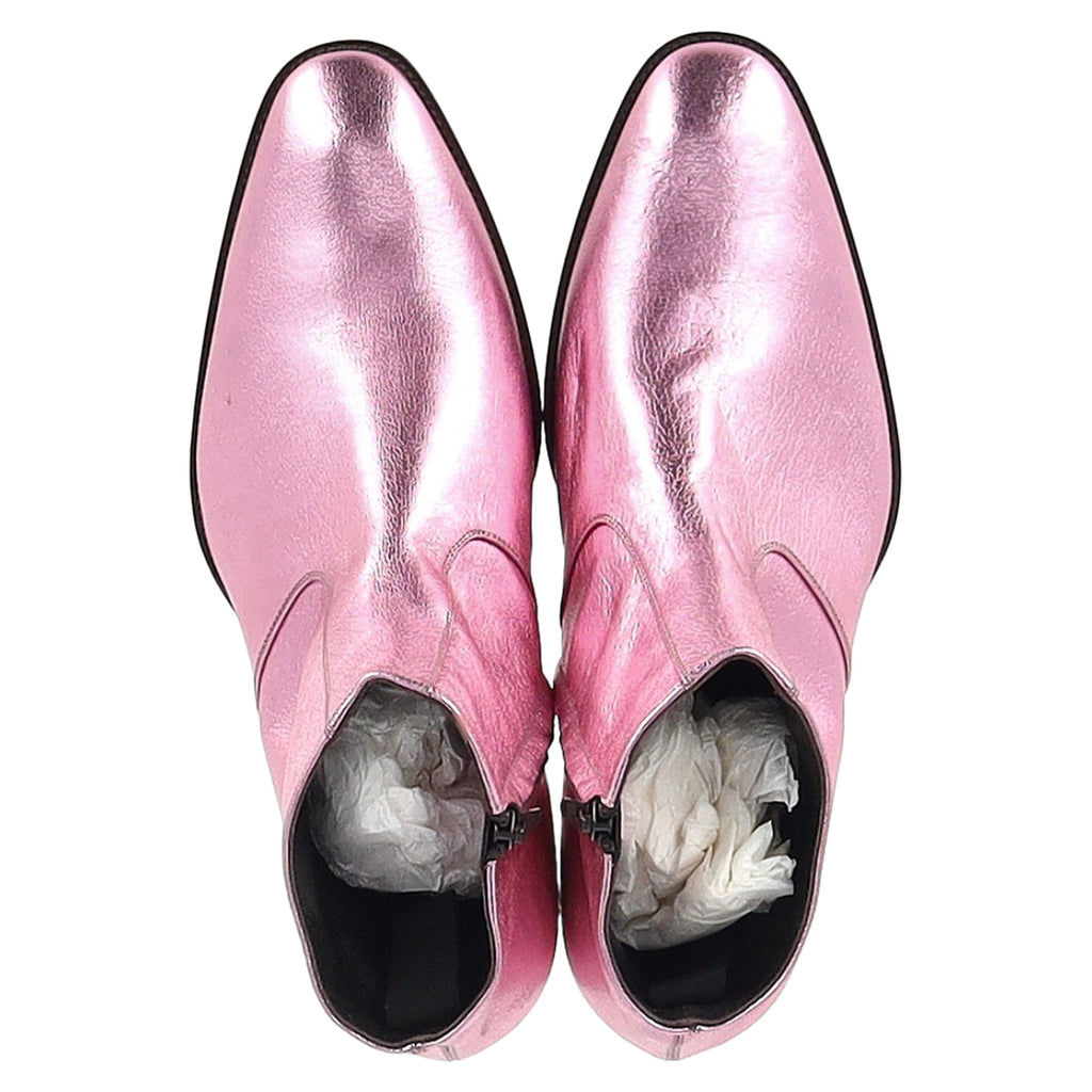 Saint Laurent Metallic Almond Toe Ankle Boots in Pink Leather