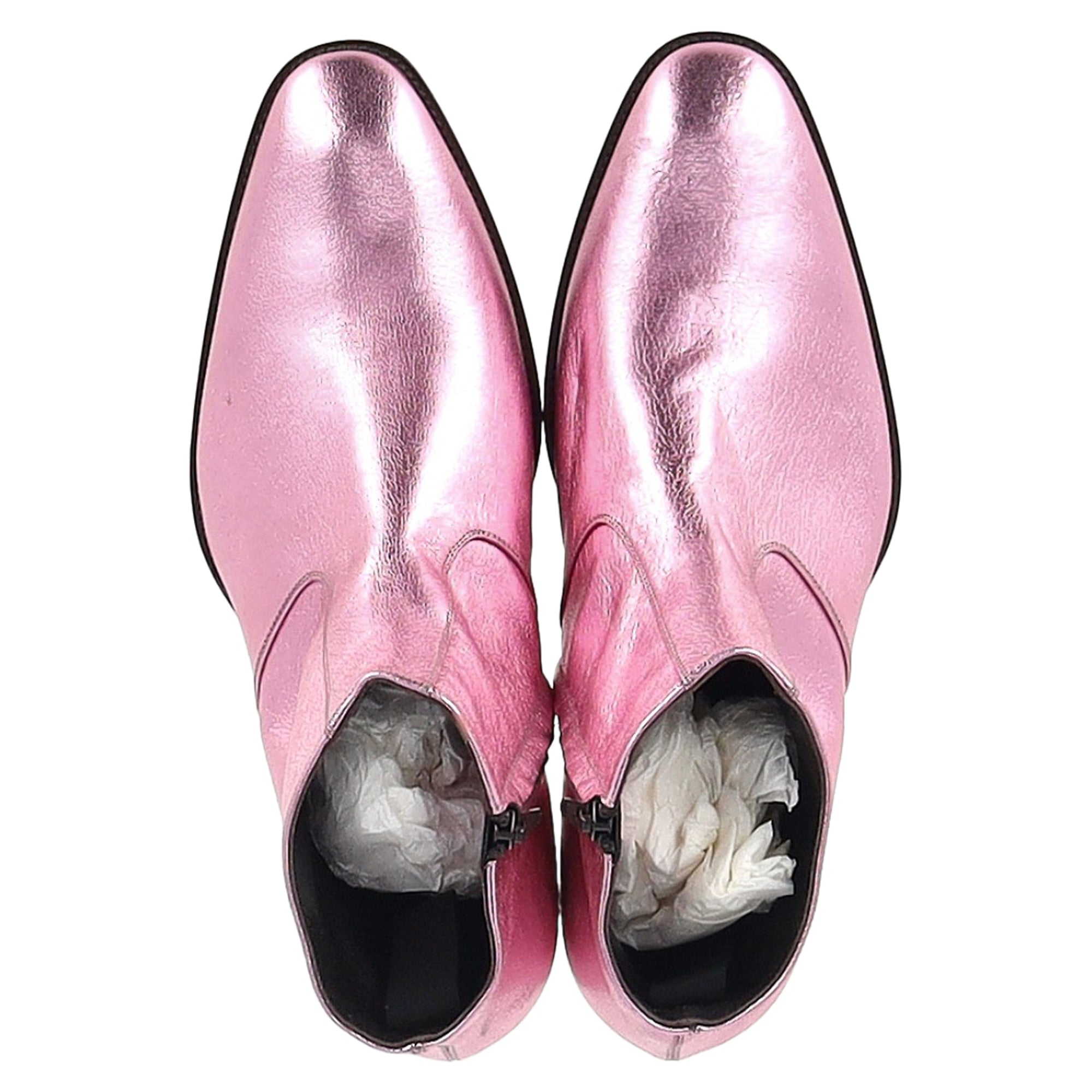 Saint Laurent Metallic Almond Toe Ankle Boots in Pink Leather