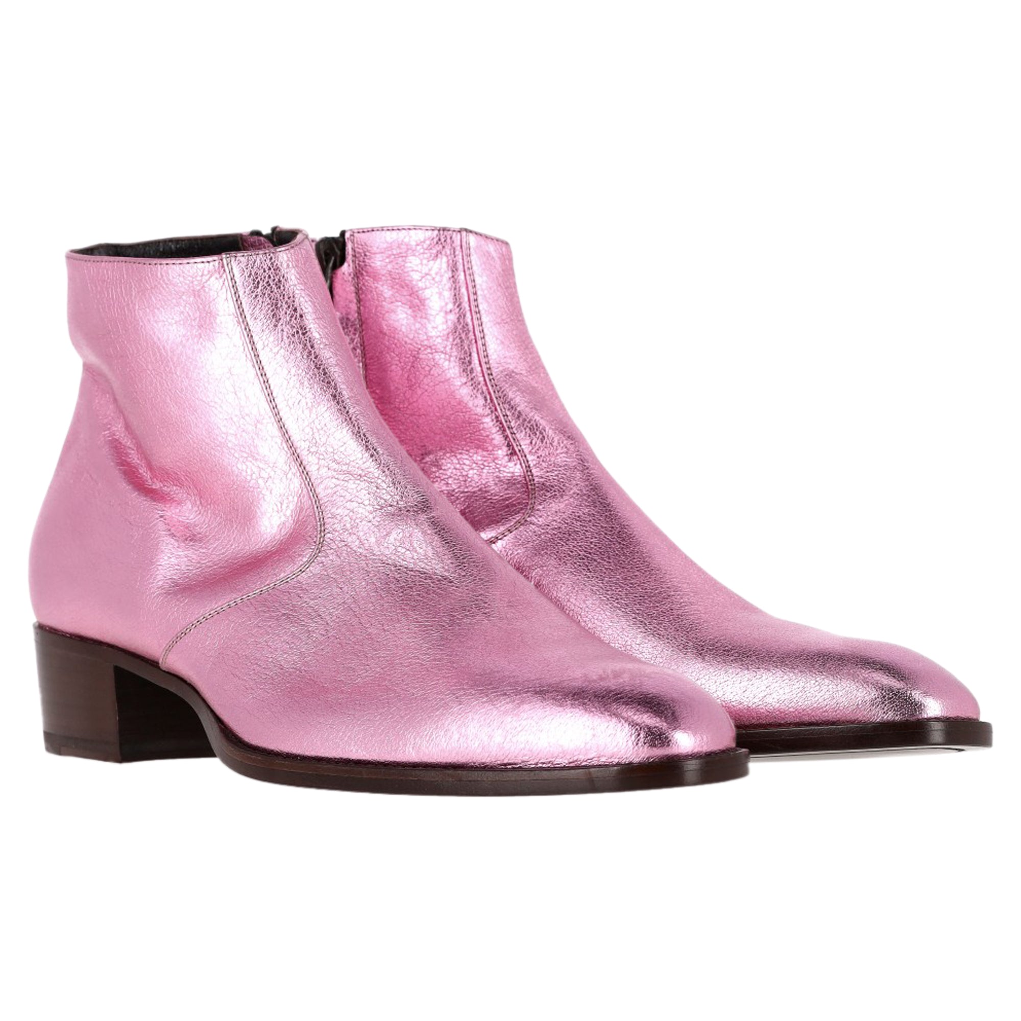 Saint Laurent Metallic Almond Toe Ankle Boots in Pink Leather