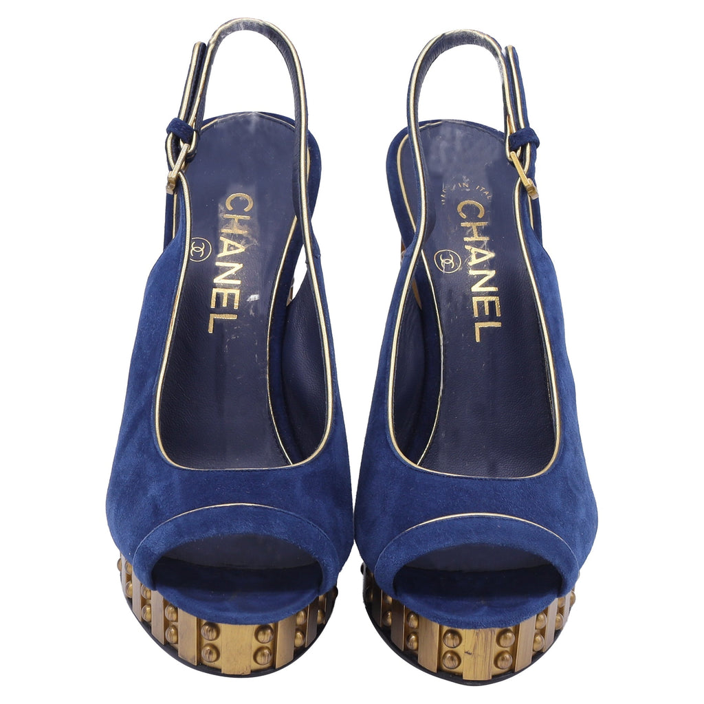 Women's Chanel CC Studded Peep-Toe Platform Pumps in Navy Blue Suede