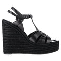 Women's Saint Laurent Tribute Espadrille Wedge Sandals in Black Calf Leather