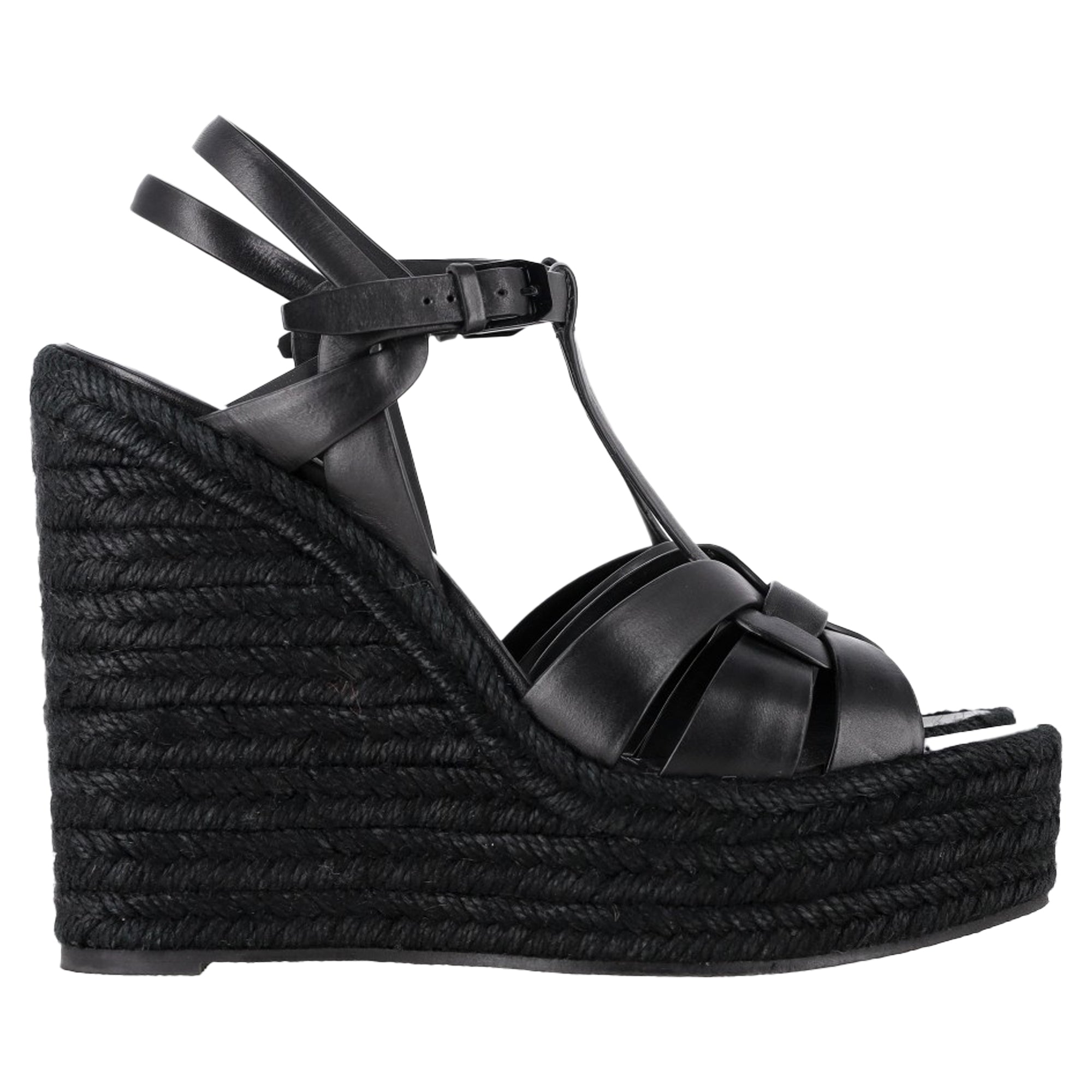 Women's Saint Laurent Tribute Espadrille Wedge Sandals in Black Calf Leather