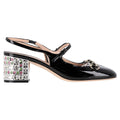 Women's Gucci Horsebit Crystal Block-Heel Pumps in Black Patent Leather