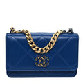 Shiny Goatskin Quilted Chanel 19 Wallet On Chain WOC  Blue