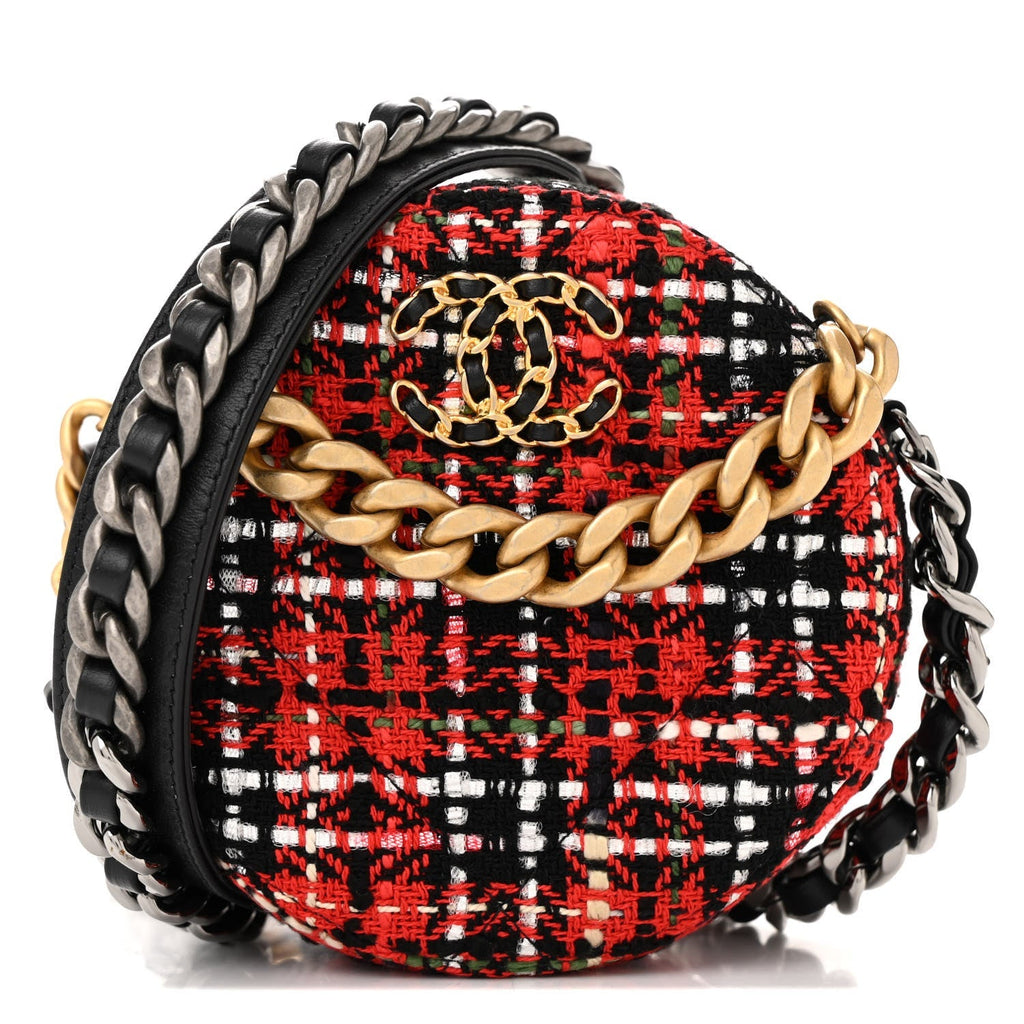 Tweed Quilted Chanel 19 Round Clutch With Chain  Red Black White Green