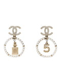 Crystal Pearl Chanel Charms CC Drop Earrings Gold