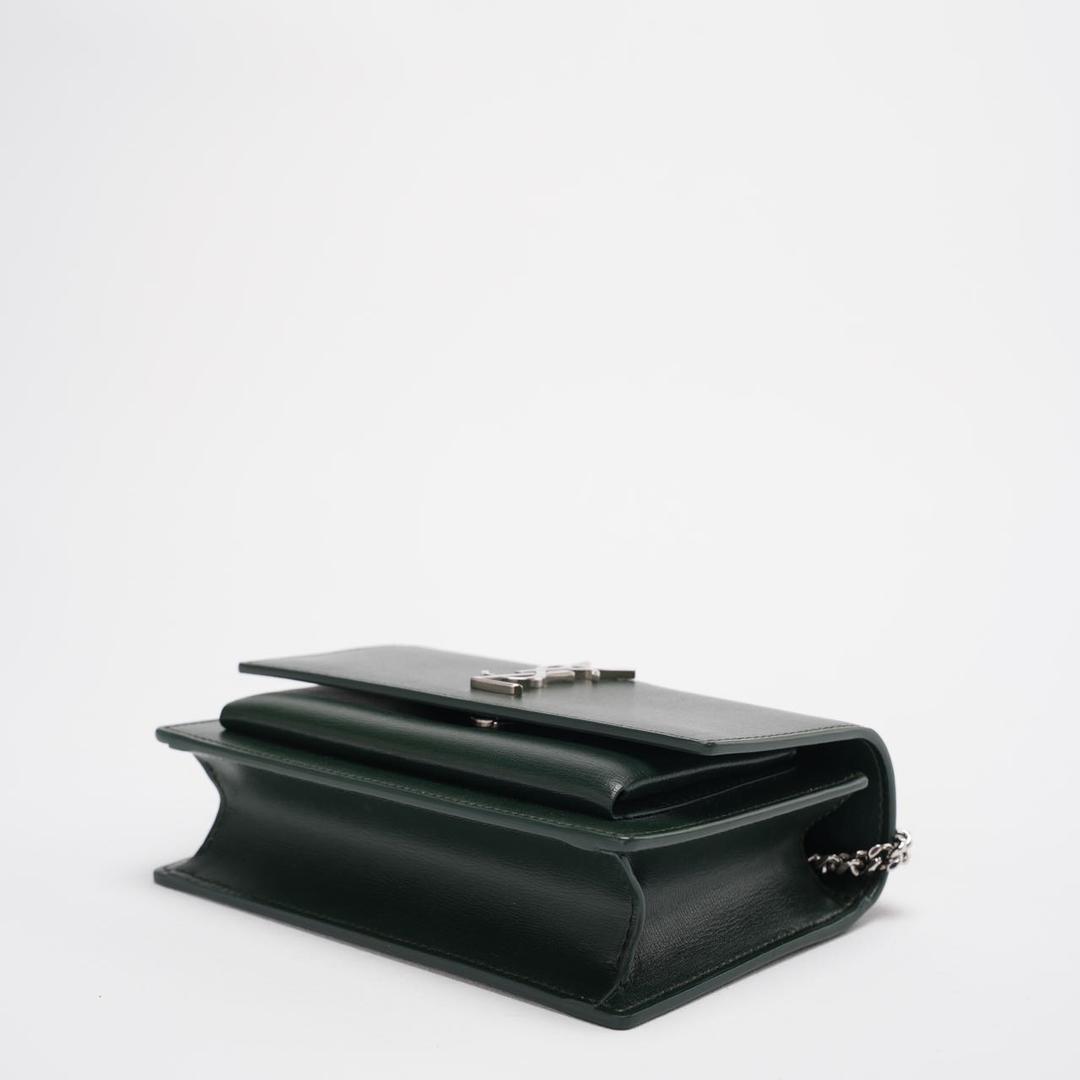 Saint Laurent Sunset Wallet on Chain Mini Olive Green with Silver Tone Hardware