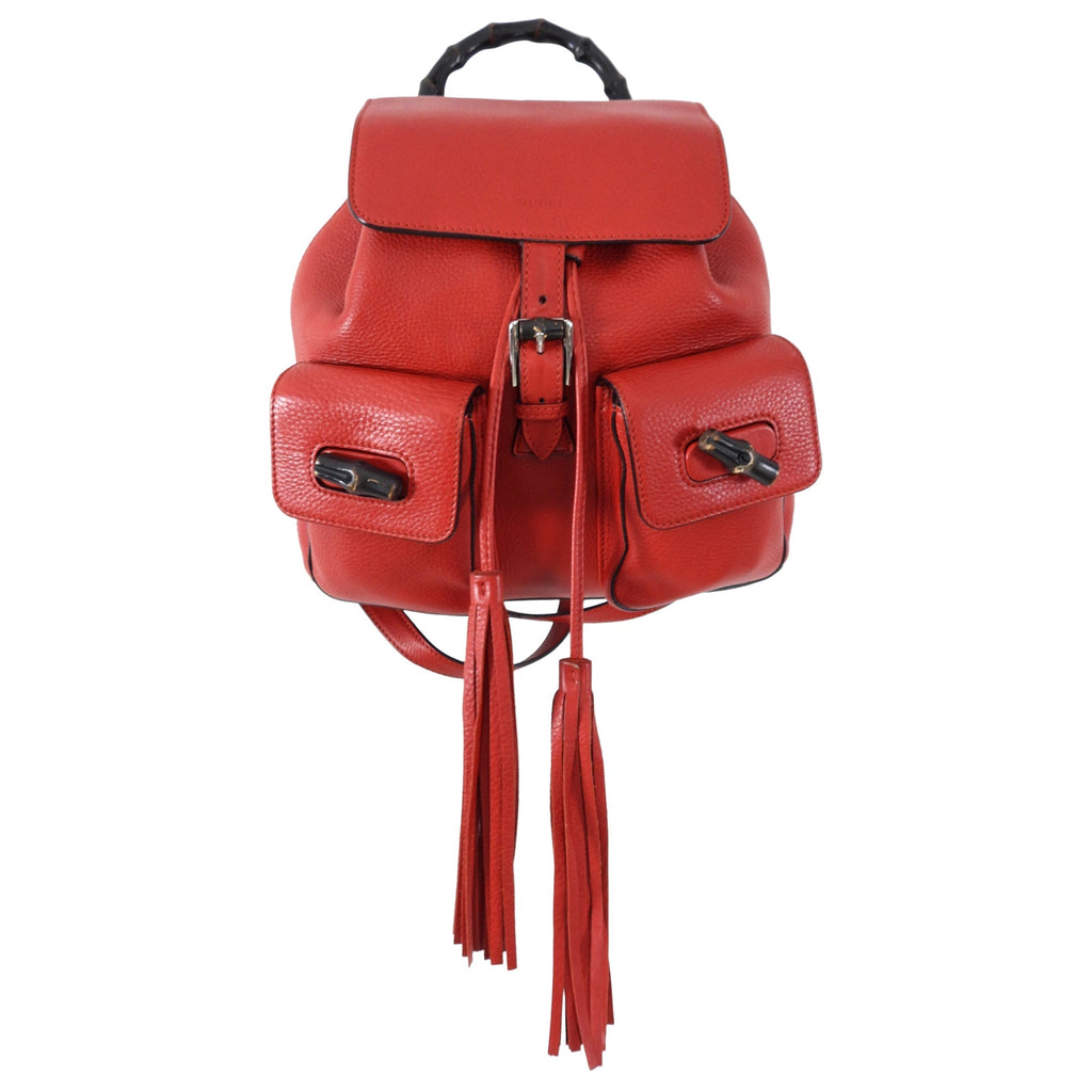 Gucci Red Leather Bamboo Handle Tassel Small Backpack
