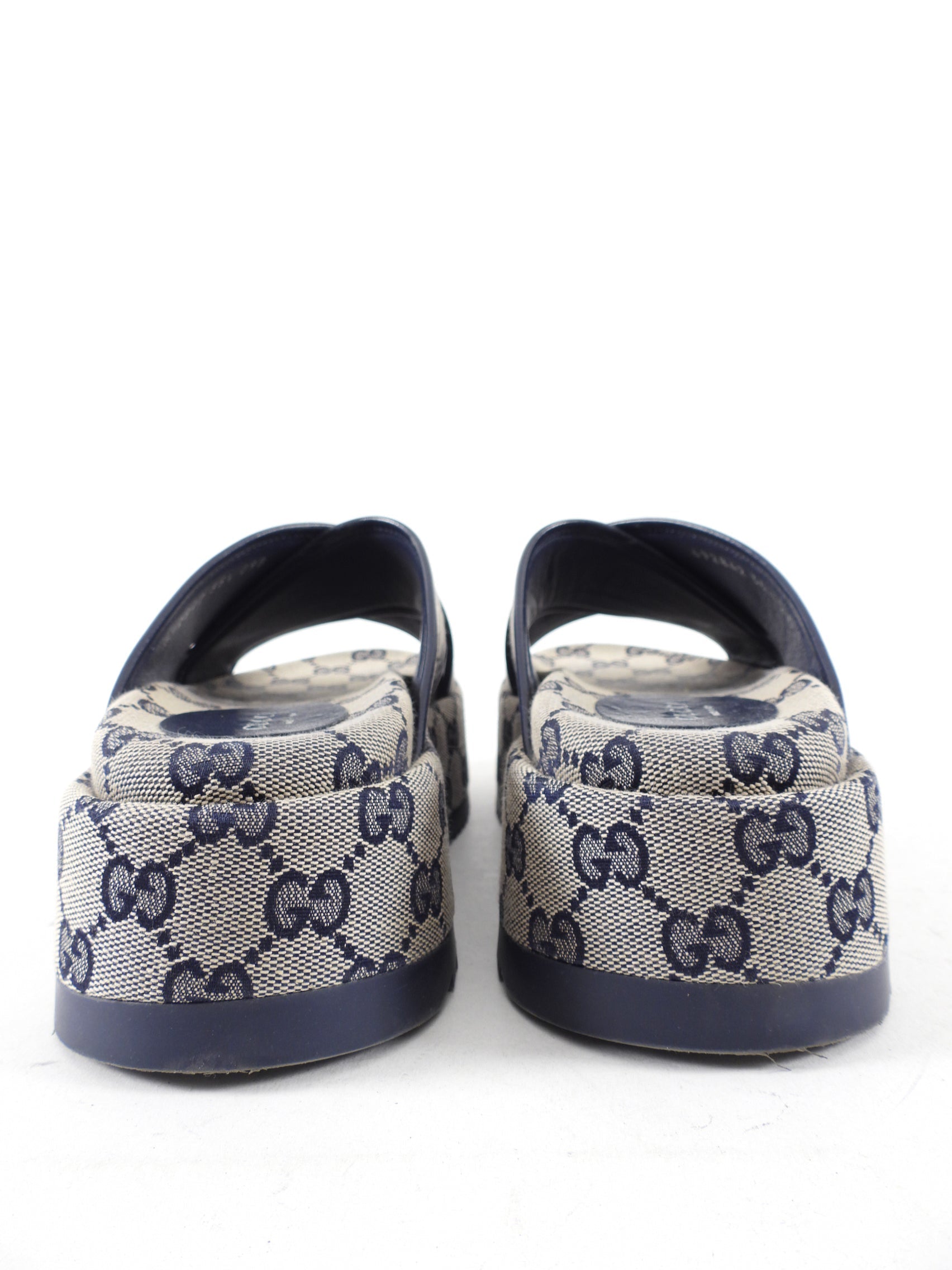 Gucci Navy Monogram Canvas Platform Sandals - 6.5