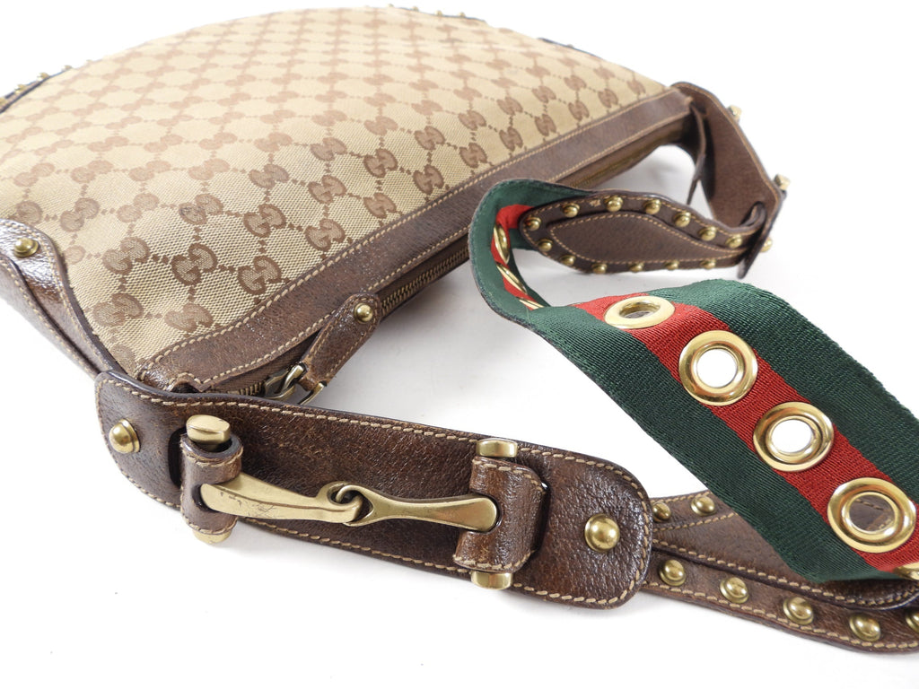 Gucci Monogram Canvas Brown Pelham Stud Hobo Bag