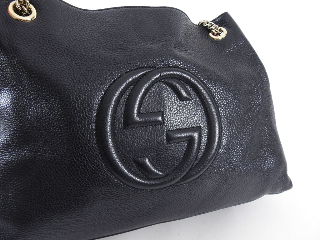 Gucci Black Leather Large GG Logo Soho Chain Tote Bag