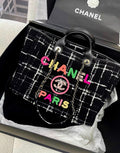 Chanel 22AW  black and white plaid with colorful letters woolen beach bag