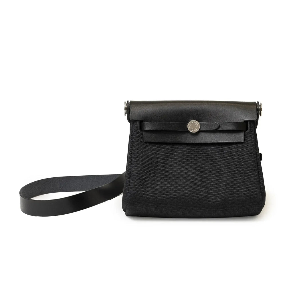 Hermès Mini Herbag Zip 20 Black Toile and Vache Hunter Palladium Hardware