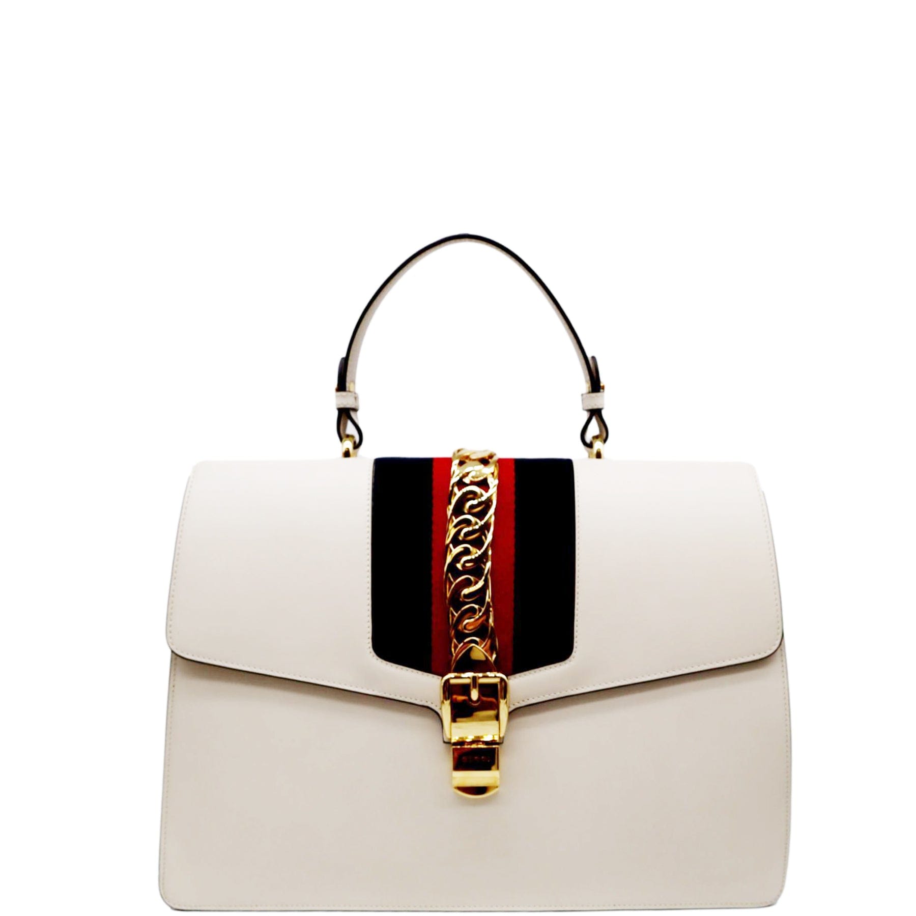 GUCCI Maxi Sylvie Calfskin Leather Top Handle Shoulder Bag White 477631