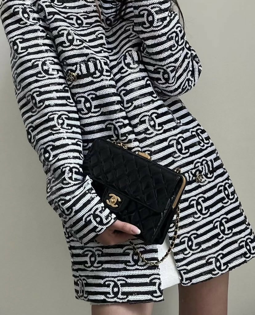Chanel 22S Runway Sequin CC Logo Black and White Jacket FR 40