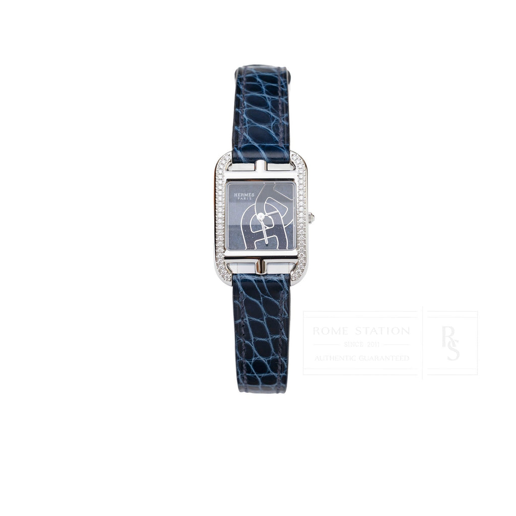 Hermès Cape Cod Diamond Watch Small Model 31mm Steel/Shiny Alligator Blue Saphir