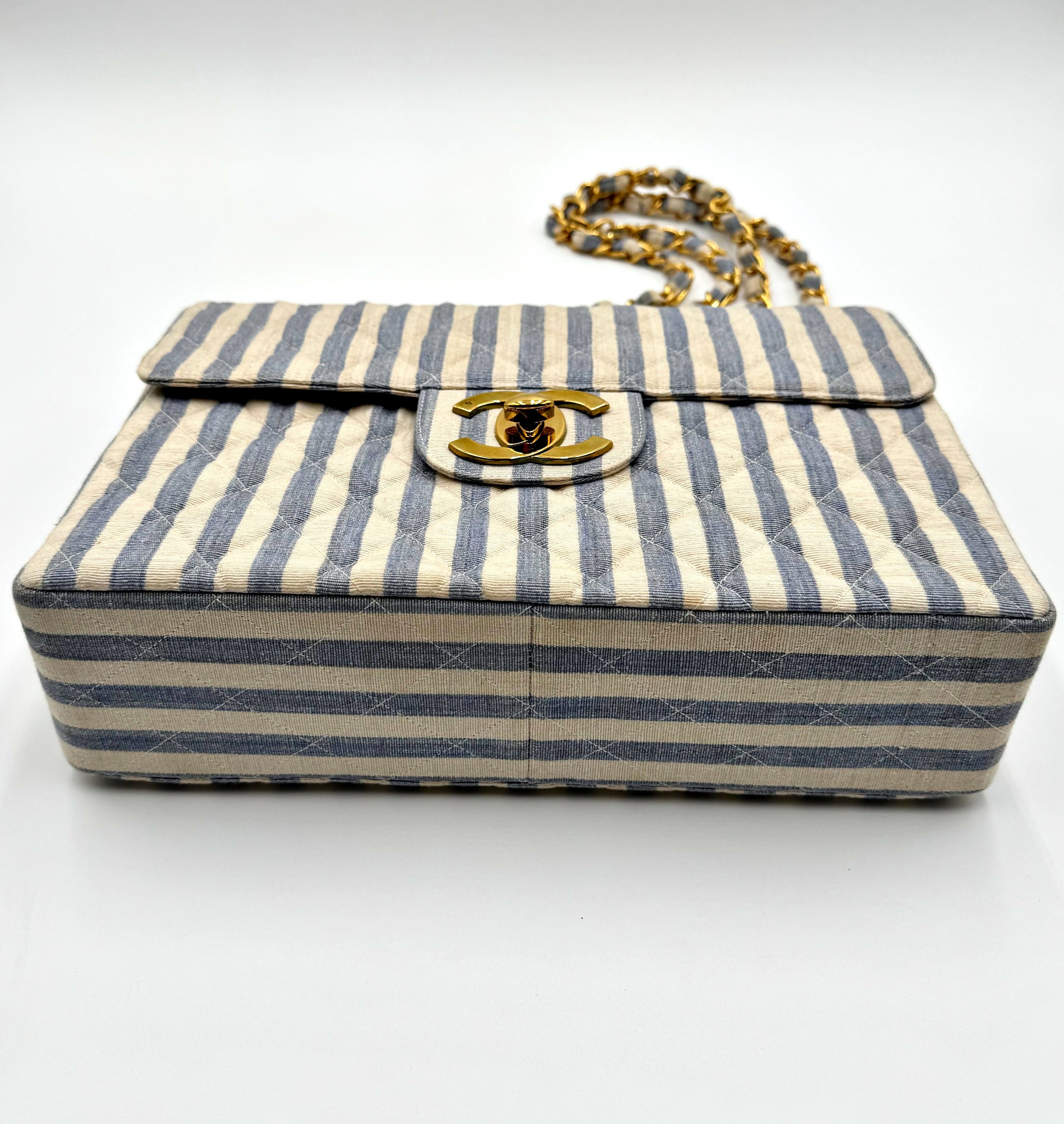 Chanel Vintage 1990s Jumbo Blue and White Striped Linen and Cotton Classic Flap Bag