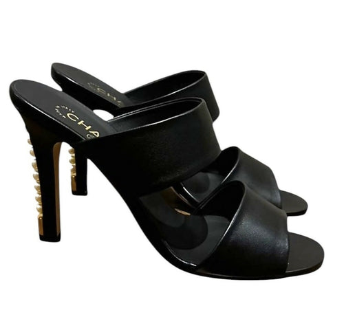 Chanel 17A Black Lambskin Leather Pearl Heel Sandal Mules EU 38.5C