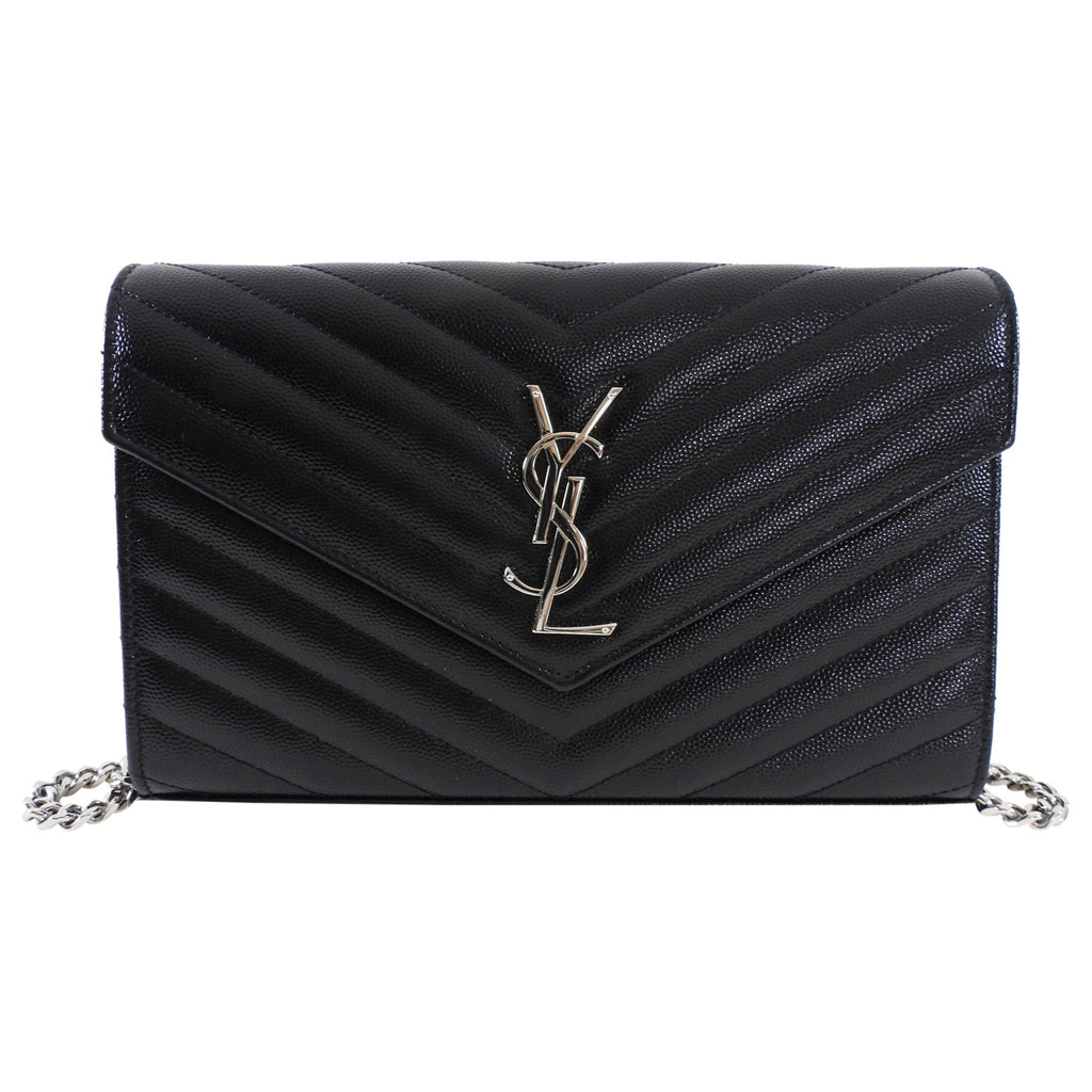 Saint Laurent Black Chevron Small Envelope Wallet on Chain Flap Bag