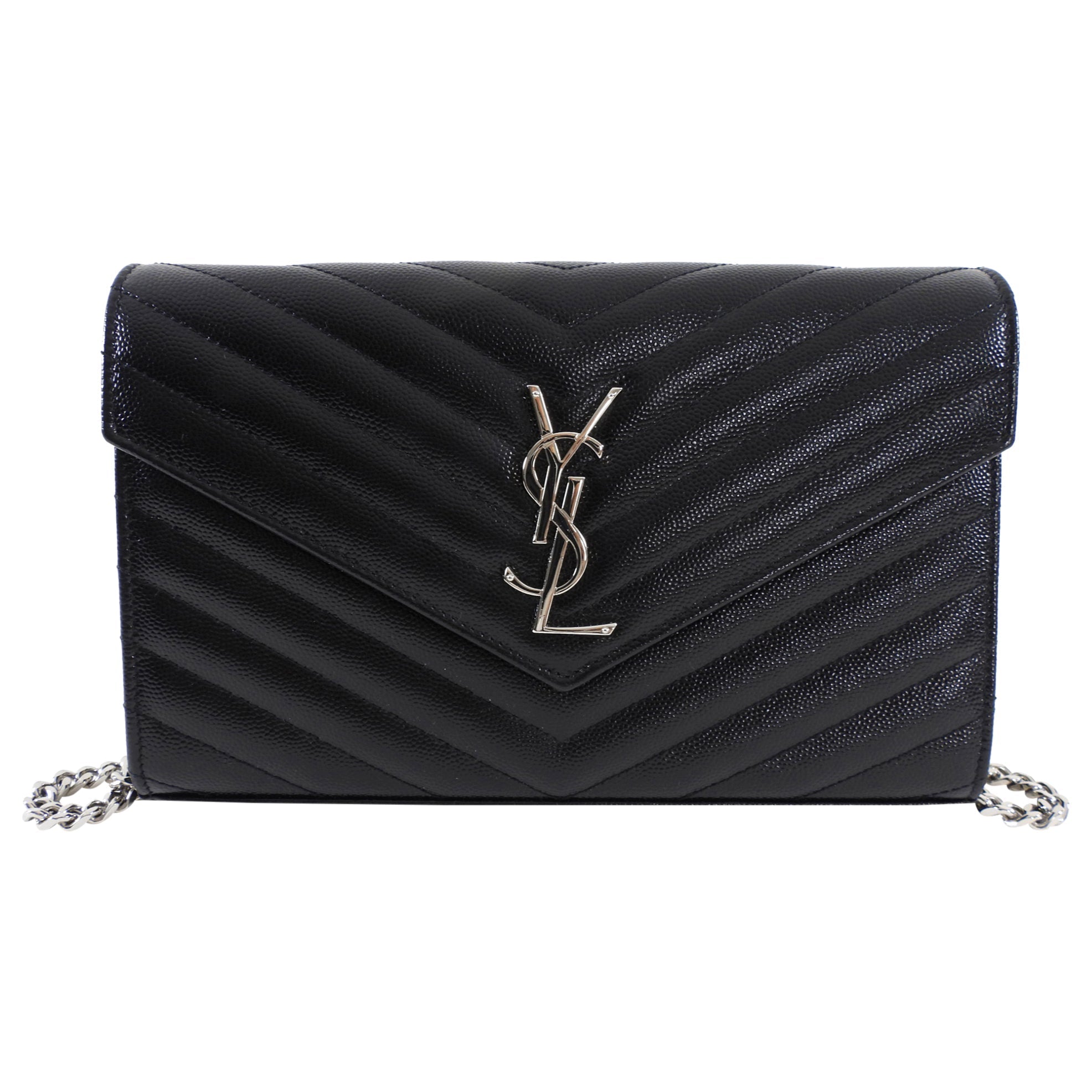 Saint Laurent Black Chevron Small Envelope Wallet on Chain Flap Bag